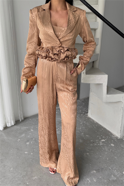 JAKARLI BLUZU TASARIM DETAYLI CEKET PANTOLON VE BLUZ 3 LÜ TAKIM