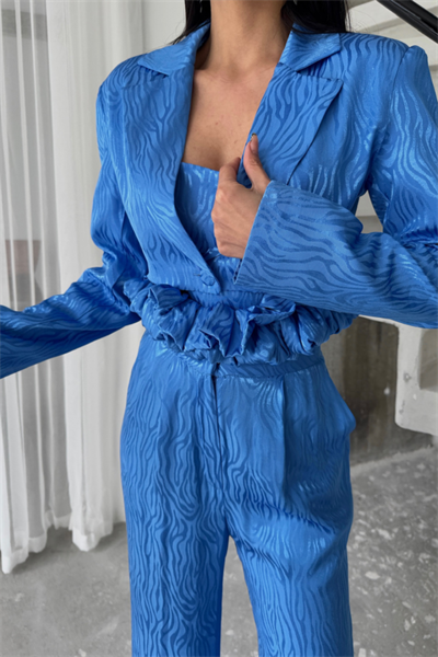 JAKARLI BLUZU TASARIM DETAYLI CEKET-PANTOLON-BLUZ 3 LÜ TAKIM - Mavi