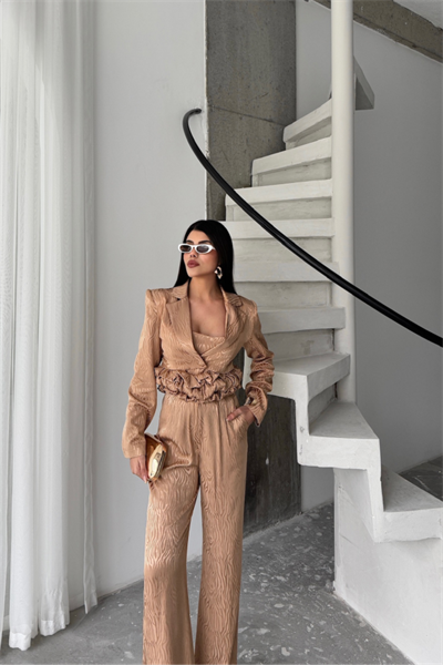 JakarJAKARLI BLUZU TASARIM DETAYLI CEKET-PANTOLON-BLUZ 3 LÜ TAKIM - Bej