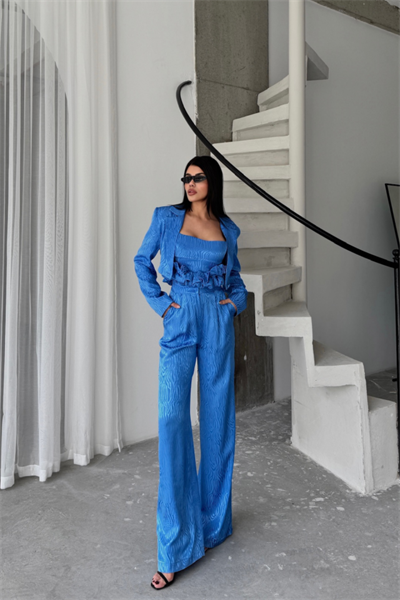 JAKARLI BLUZU TASARIM DETAYLI CEKET-PANTOLON-BLUZ 3 LÜ TAKIM - Mavi