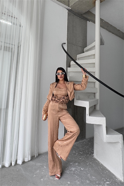 JakarJAKARLI BLUZU TASARIM DETAYLI CEKET-PANTOLON-BLUZ 3 LÜ TAKIM - Bej