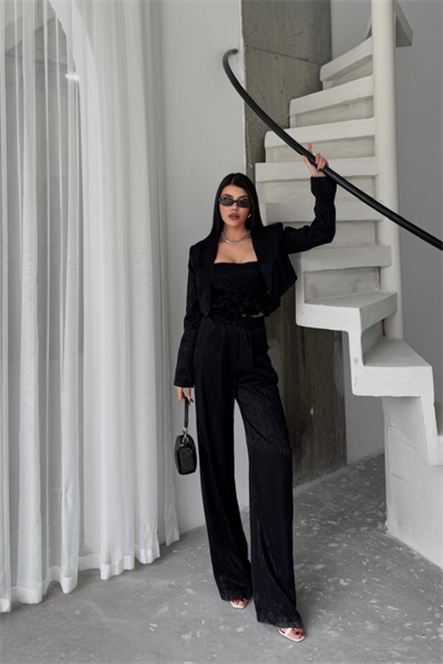 JAKARLI BLUZU TASARIM DETAYLI CEKET PANTOLON VE BLUZ 3 LÜ TAKIM