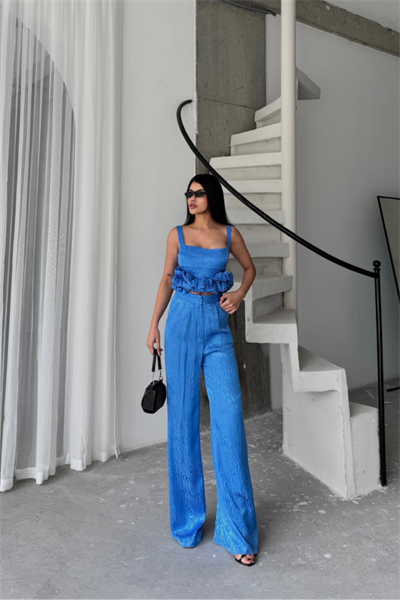 JAKARLI BLUZU TASARIM DETAYLI CEKET-PANTOLON-BLUZ 3 LÜ TAKIM - Mavi