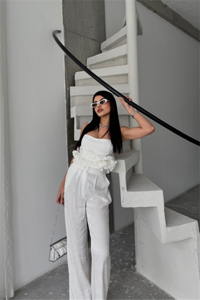 JAKARLI BLUZU TASARIM DETAYLI CEKET-PANTOLON-BLUZ 3 LÜ TAKIM - Beyaz