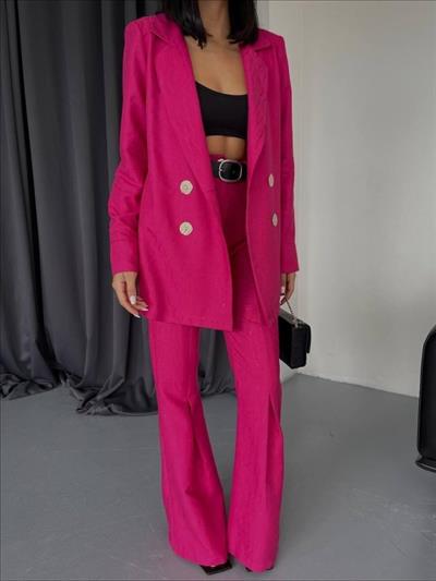 JAKARLI CEKET - PİLE DETAYLI PANTOLON TAKIM - Fuşya
