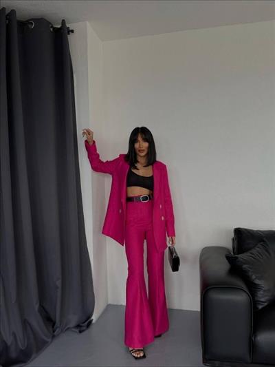 JAKARLI CEKET - PİLE DETAYLI PANTOLON TAKIM - Fuşya