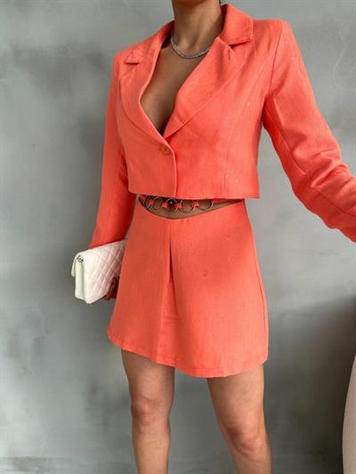 JAKARLI CROP CEKET-KISA ETEK KAPALI PİLE METAL KEMER DETAYLI - Turuncu