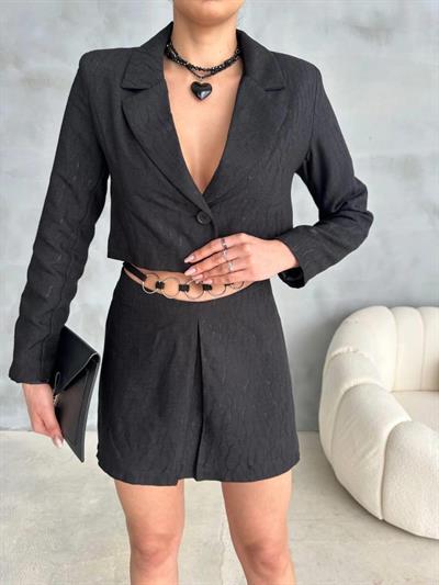 JAKARLI CROP CEKET-KISA ETEK KAPALI PİLE METAL KEMER DETAYLI - Siyah