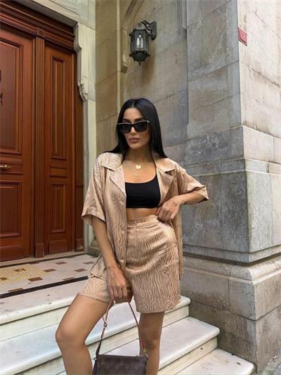 JAKARLI GÖMLEK -ŞORT TAKIM - Bej