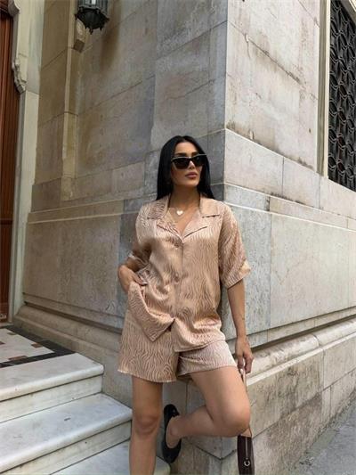 JAKARLI GÖMLEK -ŞORT TAKIM - Bej