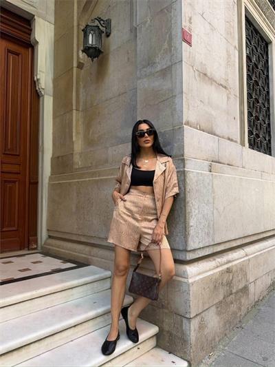 JAKARLI GÖMLEK -ŞORT TAKIM - Bej