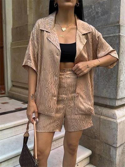 JAKARLI GÖMLEK -ŞORT TAKIM - Bej