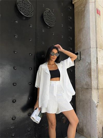 JAKARLI GÖMLEK -ŞORT TAKIM - Beyaz