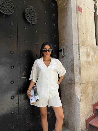 JAKARLI GÖMLEK -ŞORT TAKIM - Beyaz