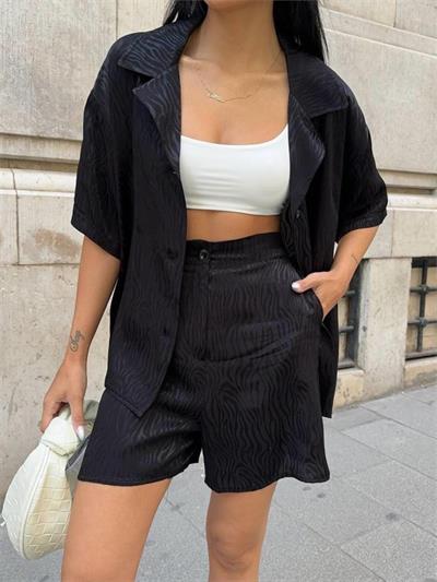 JAKARLI GÖMLEK -ŞORT TAKIM - Siyah