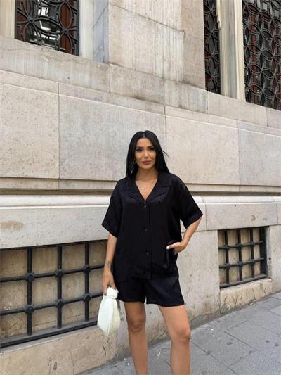 JAKARLI GÖMLEK -ŞORT TAKIM - Siyah