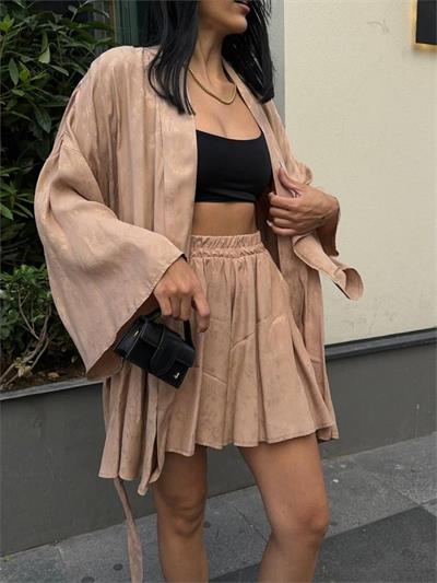 JAKARLI KİMONO - ŞORT TAKIM - Bej