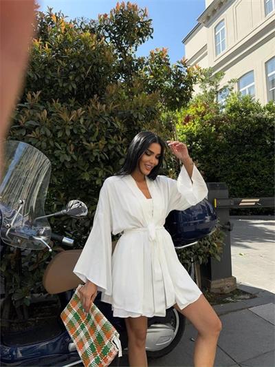 JAKARLI KİMONO - ŞORT TAKIM - Beyaz