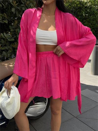 JAKARLI KİMONO - ŞORT TAKIM - Fuşya