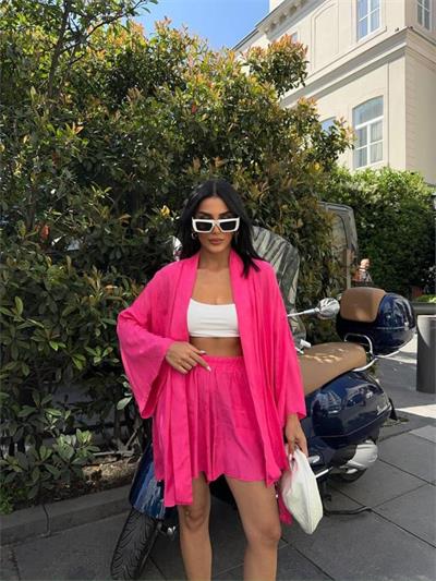 JAKARLI KİMONO - ŞORT TAKIM - Fuşya