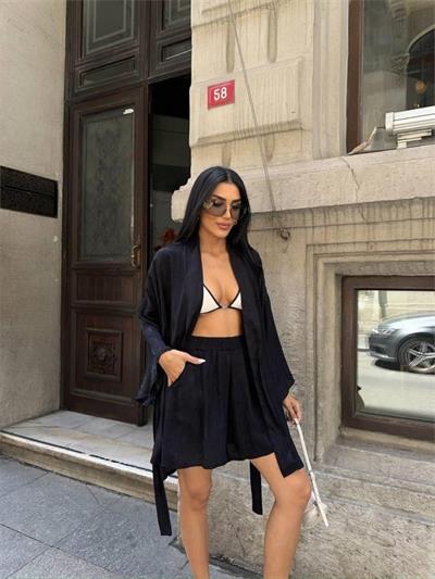 JAKARLI KİMONO - ŞORT TAKIM - Siyah