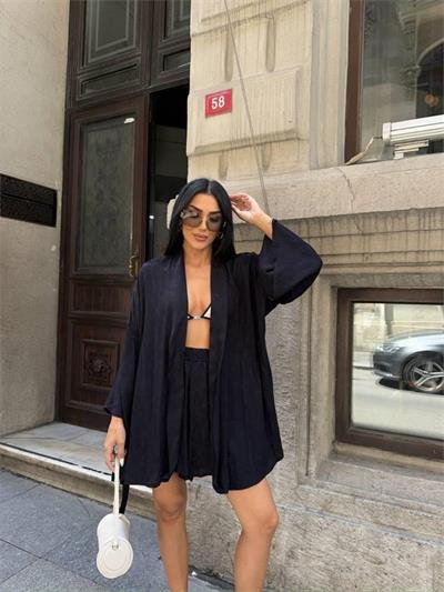 JAKARLI KİMONO - ŞORT TAKIM - Siyah