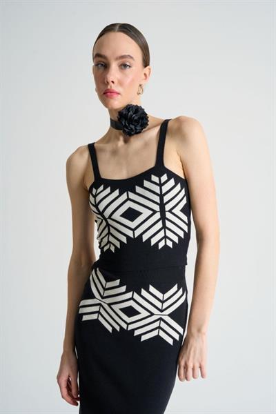 Jakarlı İnce AskılıTriko Takım - Siyah-Beyaz Kayısı