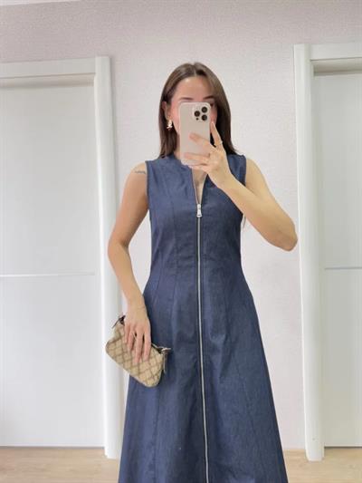 Jeans Kot Önü Tam Fermuarlı Uzun Elbise - Mavi