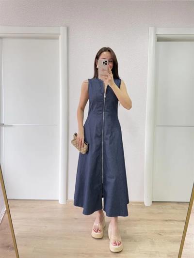 Jeans Kot Önü Tam Fermuarlı Uzun Elbise - Mavi
