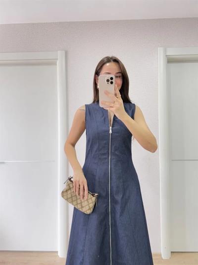 Jeans Kot Önü Tam Fermuarlı Uzun Elbise - Mavi