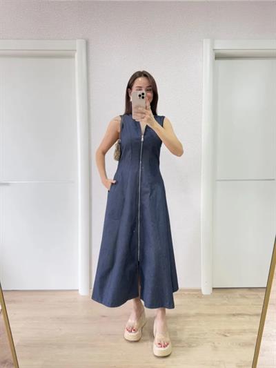 Jeans Kot Önü Tam Fermuarlı Uzun Elbise - Mavi