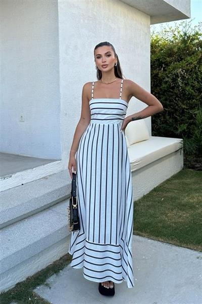 Jenny Volanlı Çizgi Desen Elbise2747-8