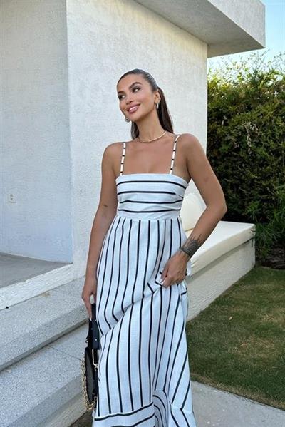 Jenny Volanlı Çizgi Desen Elbise2747-8