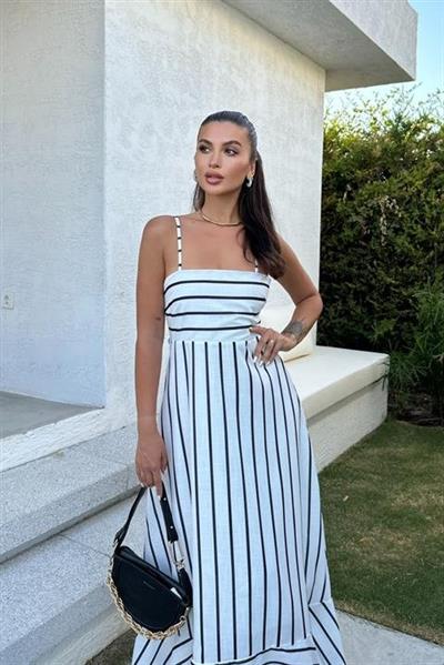 Jenny Volanlı Çizgi Desen Elbise2747-8