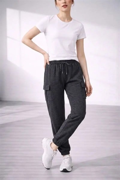 Jogger Eşofman Altı Rahat Kalıp, Kargo Cepli, Lastikli Paça, Günlük Spor Pantolon - Füme