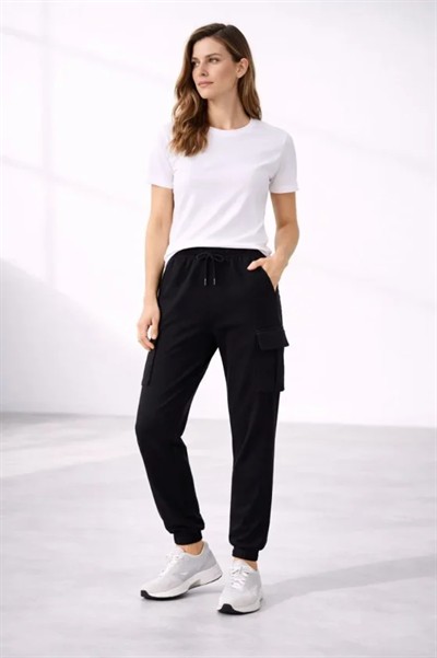 Jogger Eşofman Altı Rahat Kalıp, Kargo Cepli, Lastikli Paça, Günlük Spor Pantolon - Siyah