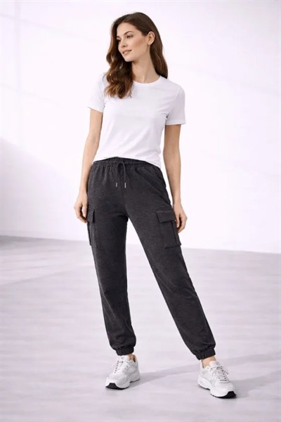 Jogger Eşofman Altı Rahat Kalıp, Kargo Cepli, Lastikli Paça, Günlük Spor Pantolon - Füme