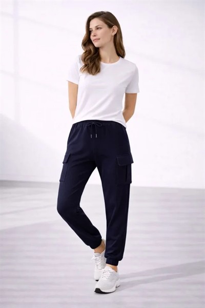 Jogger Eşofman Altı Rahat Kalıp, Kargo Cepli, Lastikli Paça, Günlük Spor Pantolon - Lacivert