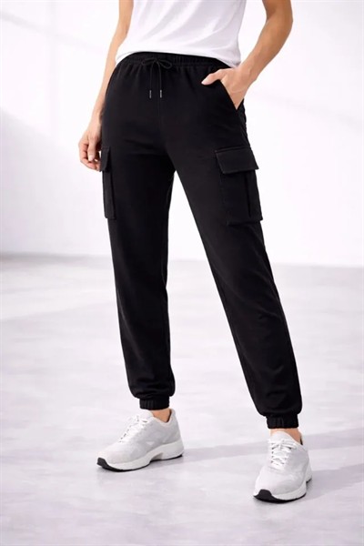 Jogger Eşofman Altı Rahat Kalıp, Kargo Cepli, Lastikli Paça, Günlük Spor Pantolon - Siyah