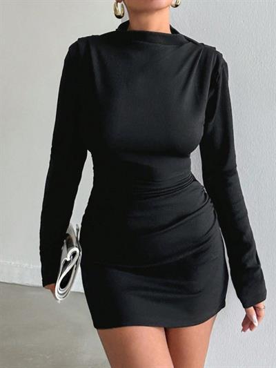 KADIN UZUN KOLLU BALIKÇI YAKA MİNİ KREP ELBİSE