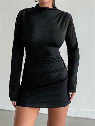 KADIN UZUN KOLLU BALIKÇI YAKA MİNİ KREP ELBİSE