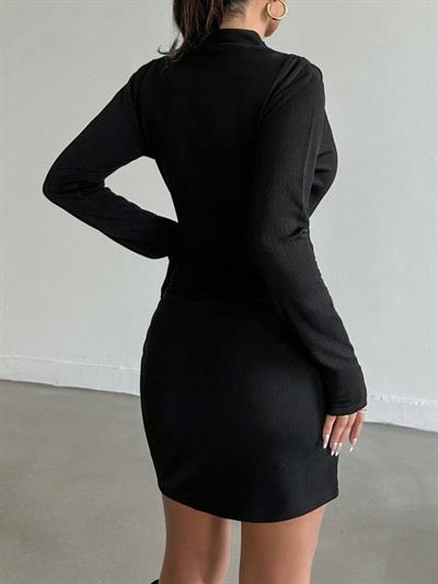 KADIN UZUN KOLLU BALIKÇI YAKA MİNİ KREP ELBİSE