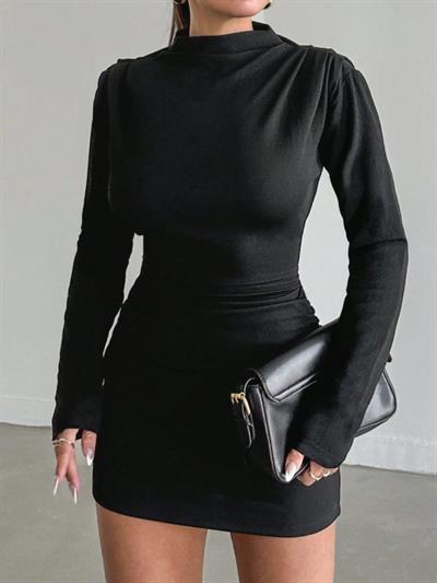 KADIN UZUN KOLLU BALIKÇI YAKA MİNİ KREP ELBİSE