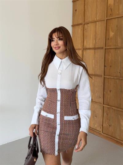 KADIN UZUN KOLLU CEP VE DÜĞME DETAY MİNİ GÖMLEK ELBİSE