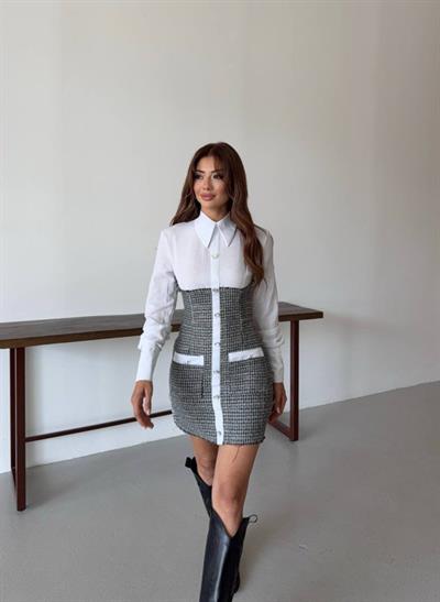 KADIN UZUN KOLLU CEP VE DÜĞME DETAY MİNİ GÖMLEK ELBİSE