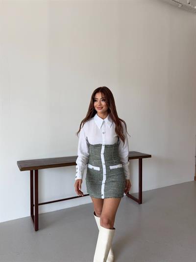 KADIN UZUN KOLLU CEP VE DÜĞME DETAY MİNİ GÖMLEK ELBİSE