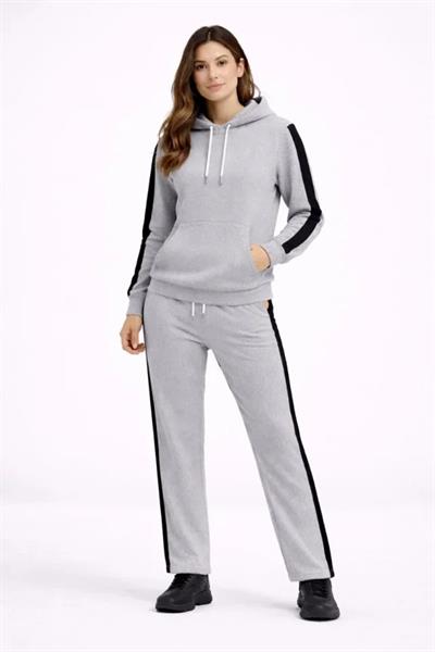 KADIN Yandan Şeritli Eşofman Takım Kapüşonlu Sweatshirt Boru Paça Alt, Oversize 3 Iplik Pamuklu - Gri