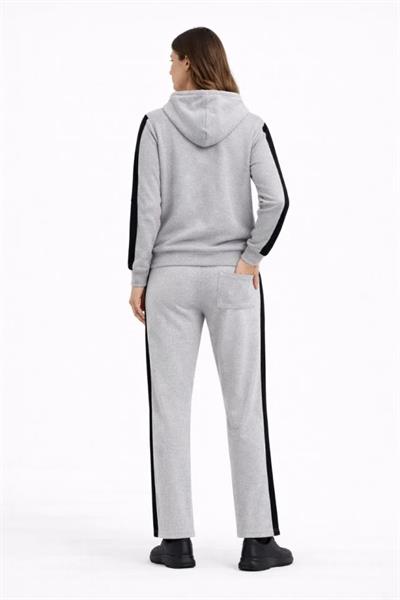 KADIN Yandan Şeritli Eşofman Takım Kapüşonlu Sweatshirt Boru Paça Alt, Oversize 3 Iplik Pamuklu - Gri