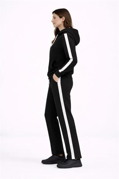 KADIN Yandan Şeritli Eşofman Takım Kapüşonlu Sweatshirt Boru Paça Alt, Oversize 3 Iplik Pamuklu - Siyah