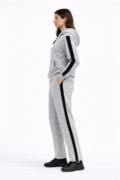 KADIN Yandan Şeritli Eşofman Takım Kapüşonlu Sweatshirt Boru Paça Alt, Oversize 3 Iplik Pamuklu - Gri